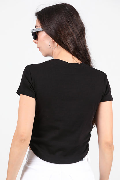 Kadın Yan Büzgülü Taş İşlemeli T-Shirt Siyah