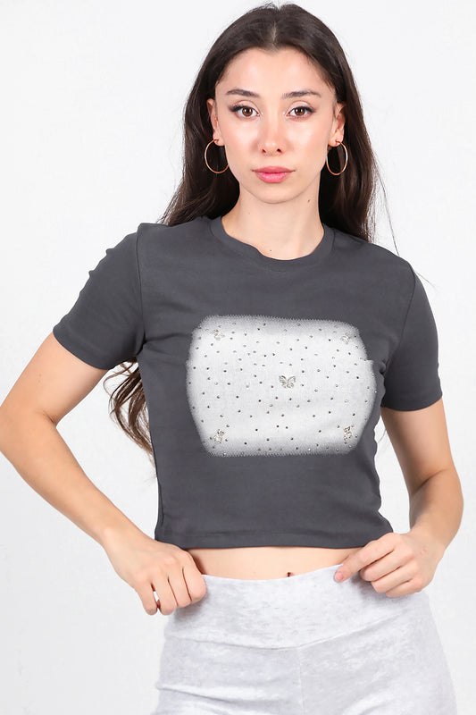 Kadın Taş Baskılı T-Shirt  Füme