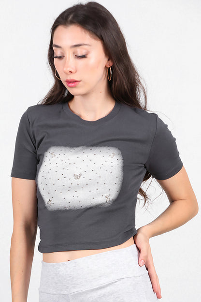 Kadın Taş Baskılı T-Shirt  Füme