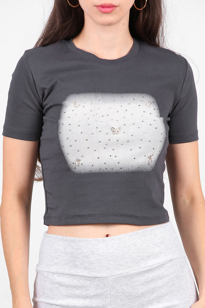 Kadın Taş Baskılı T-Shirt  Füme