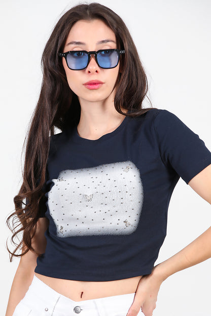 Kadın Taş Baskılı T-Shirt  Lacivert