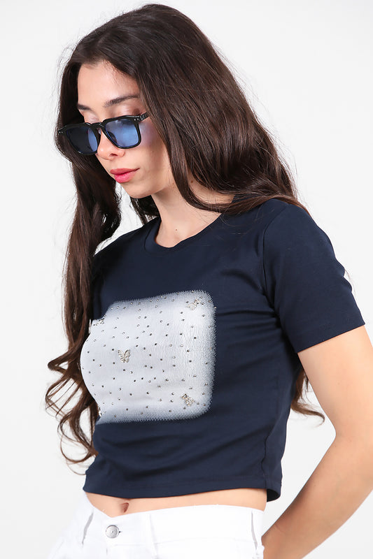 Kadın Taş Baskılı T-Shirt  Lacivert