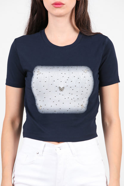 Kadın Taş Baskılı T-Shirt  Lacivert