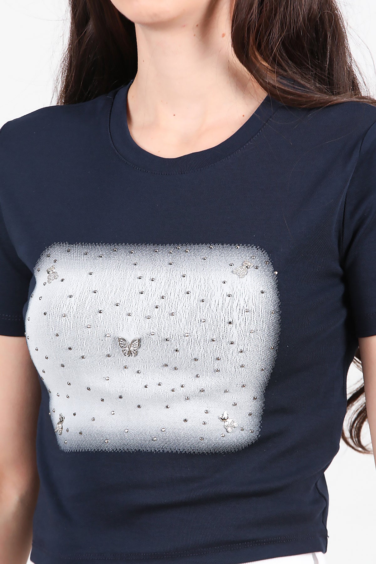 Kadın Taş Baskılı T-Shirt  Lacivert