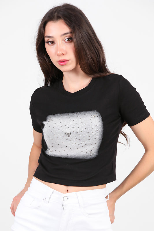 Kadın Taş Baskılı T-Shirt  Siyah