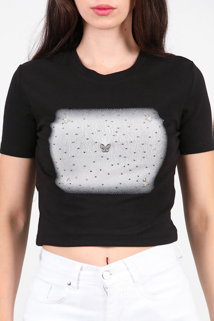 Kadın Taş Baskılı T-Shirt  Siyah