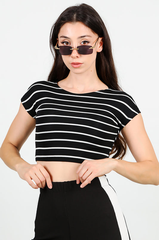 Kadın Çizgili Kısa T-Shirt Siyah