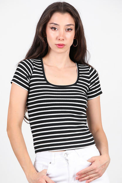 Kadın Kalın Çizgili T-Shirt  Siyah