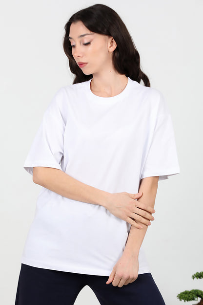 Kadın Bisiklet Yaka Oversize İki İplik Tshirt Ekru