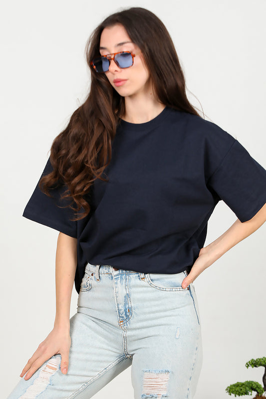 Kadın Bisiklet Yaka Oversize İki İplik Tshirt Lacivert