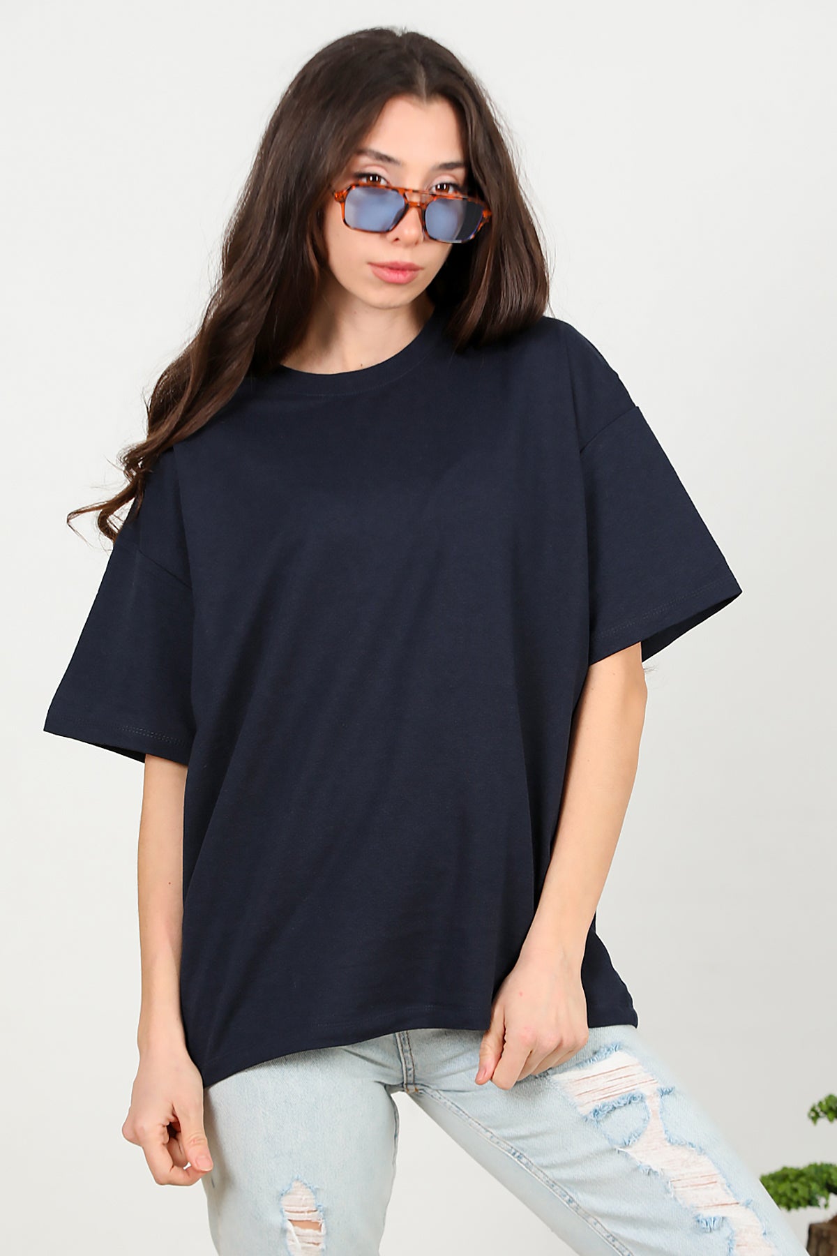 Kadın Bisiklet Yaka Oversize İki İplik Tshirt Lacivert