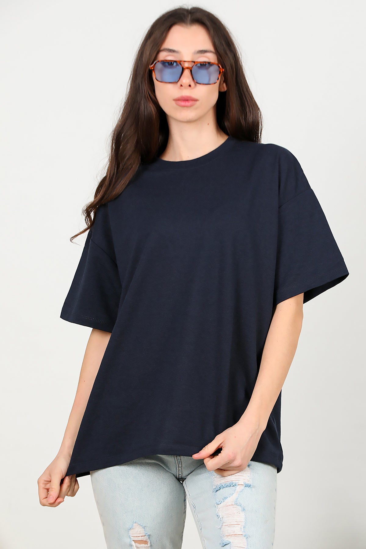 Kadın Bisiklet Yaka Oversize İki İplik Tshirt Lacivert