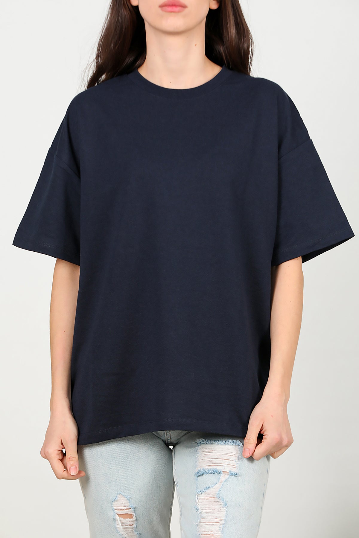 Kadın Bisiklet Yaka Oversize İki İplik Tshirt Lacivert