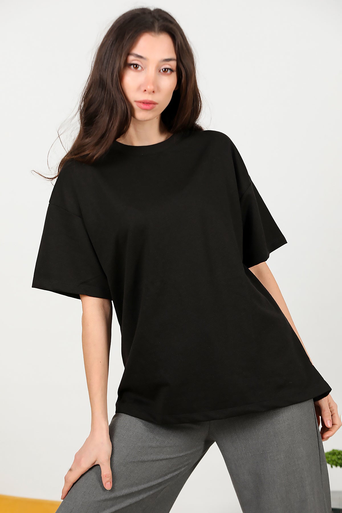 Kadın Bisiklet Yaka Oversize İki İplik Tshirt Siyah