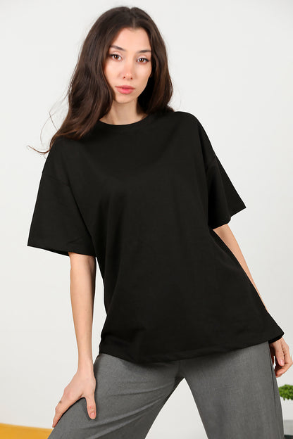 Kadın Bisiklet Yaka Oversize İki İplik Tshirt Siyah