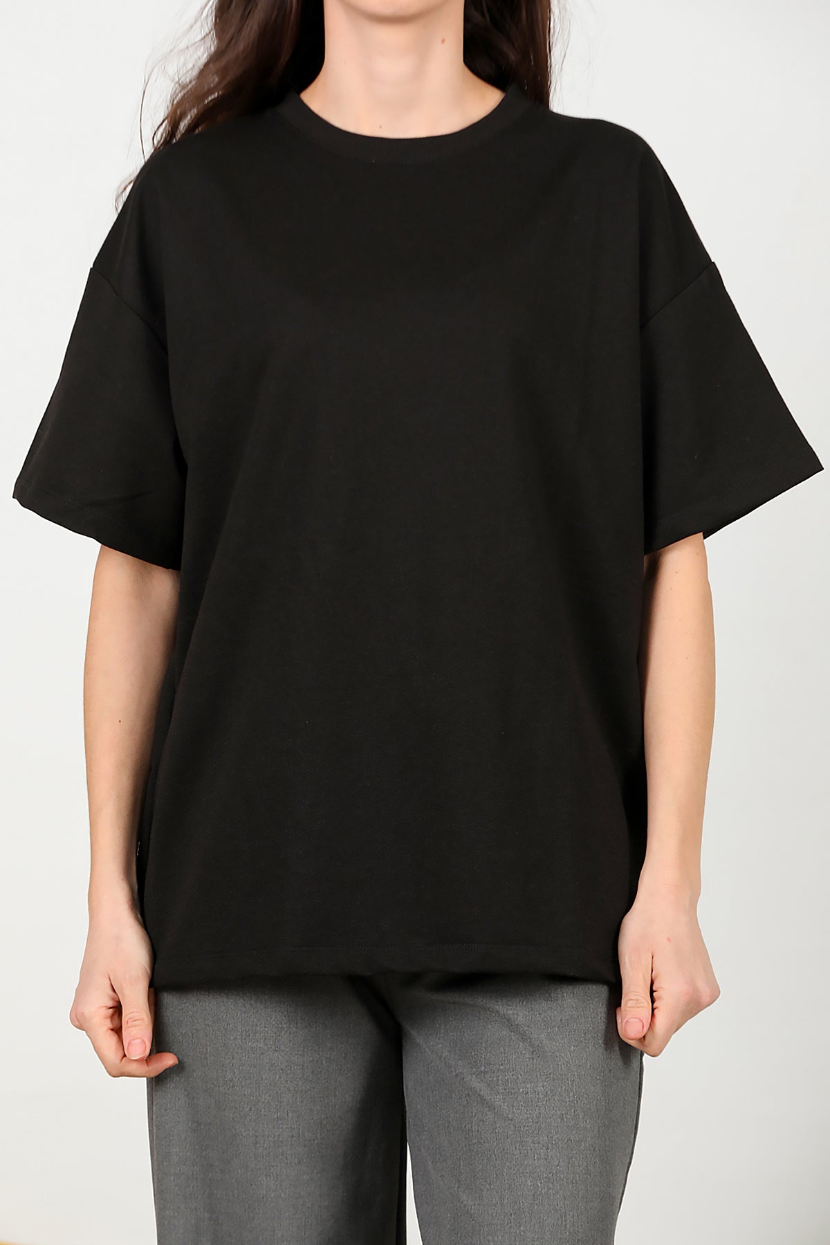 Kadın Bisiklet Yaka Oversize İki İplik Tshirt Siyah