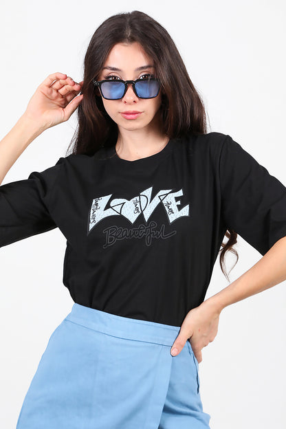 Kadın Love Baskılı T-Shirt Siyah