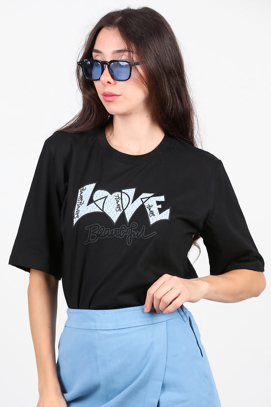 Kadın Love Baskılı T-Shirt Siyah