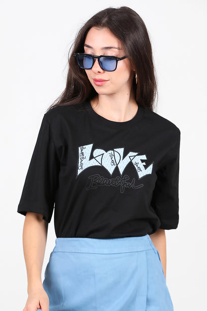 Kadın Love Baskılı T-Shirt Siyah