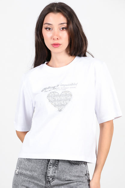 Kadın Lazer Baskılı T-Shirt Beyaz