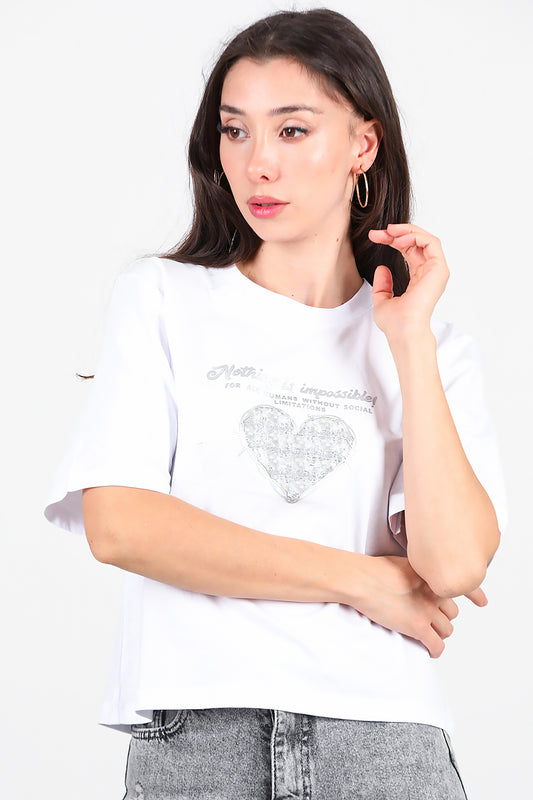 Kadın Lazer Baskılı T-Shirt Beyaz