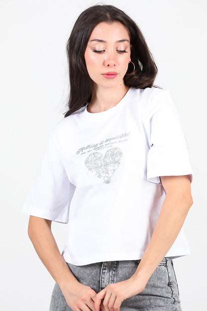 Kadın Lazer Baskılı T-Shirt Beyaz
