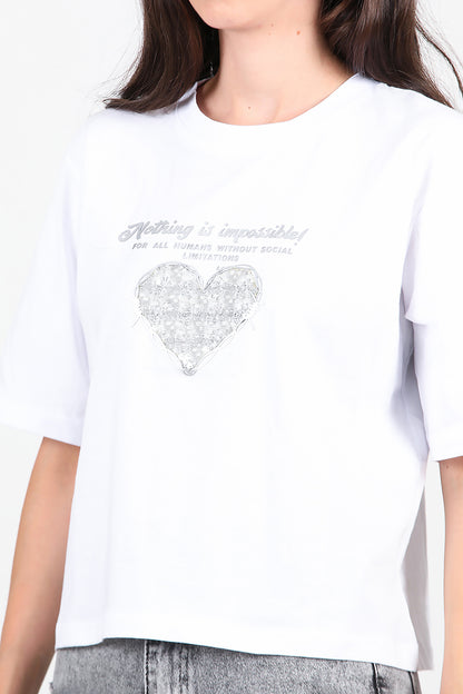 Kadın Lazer Baskılı T-Shirt Beyaz