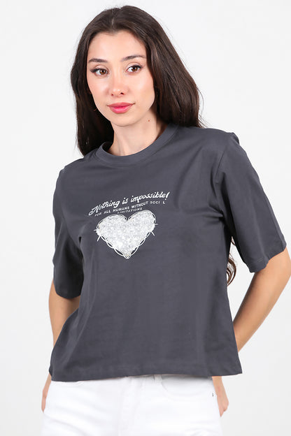 Kadın Lazer Baskılı T-Shirt Füme