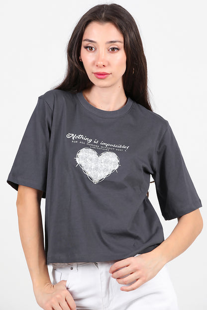 Kadın Lazer Baskılı T-Shirt Füme