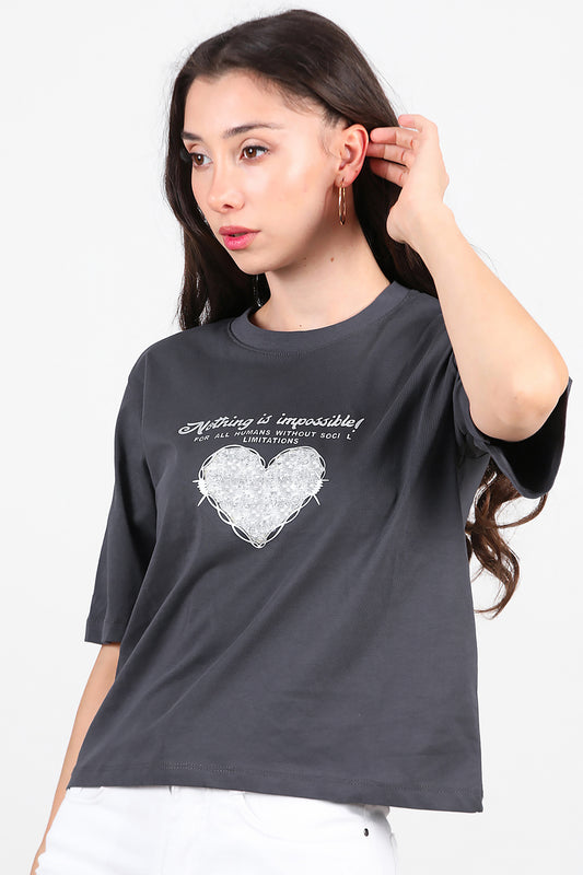 Kadın Lazer Baskılı T-Shirt Füme