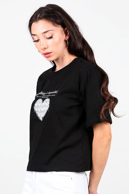 Kadın Lazer Baskılı T-Shirt Siyah
