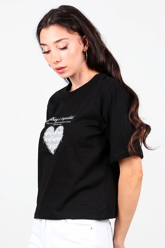 Kadın Lazer Baskılı T-Shirt Siyah