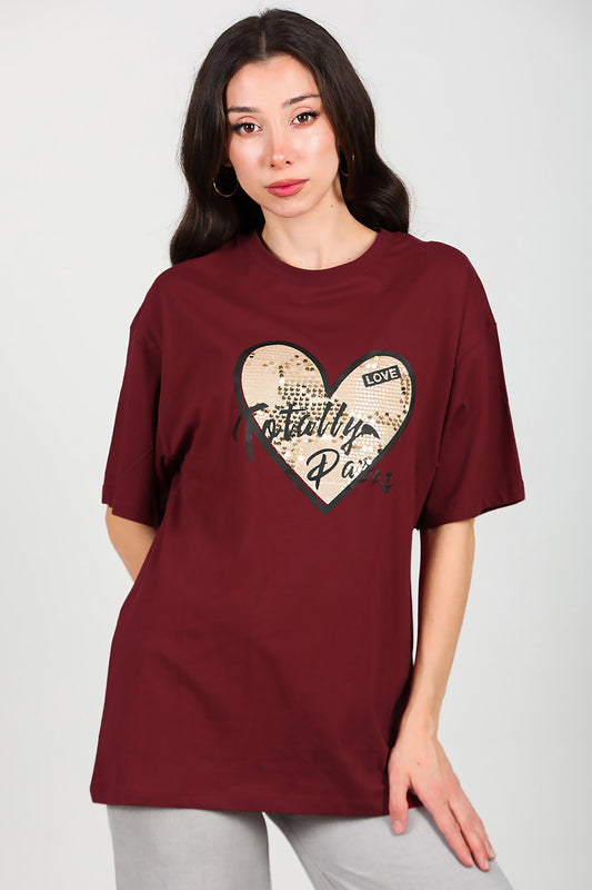 Kadın Pullu Baskılı Oversize T-Shirt  Bordo