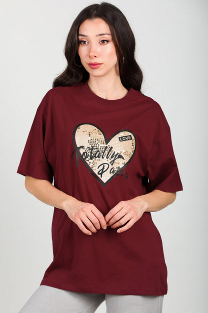 Kadın Pullu Baskılı Oversize T-Shirt  Bordo