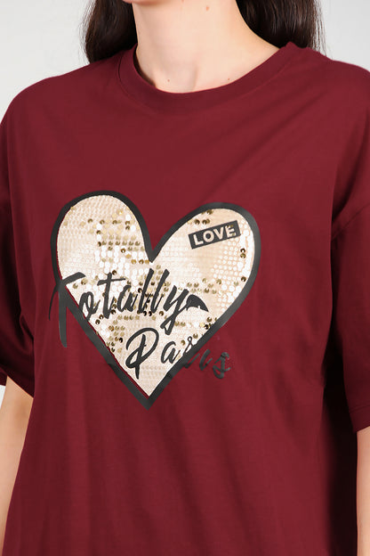 Kadın Pullu Baskılı Oversize T-Shirt  Bordo