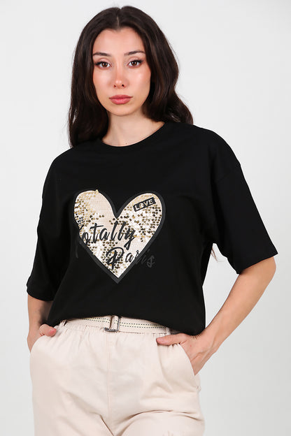 Kadın Pullu Baskılı Oversize T-Shirt Siyah