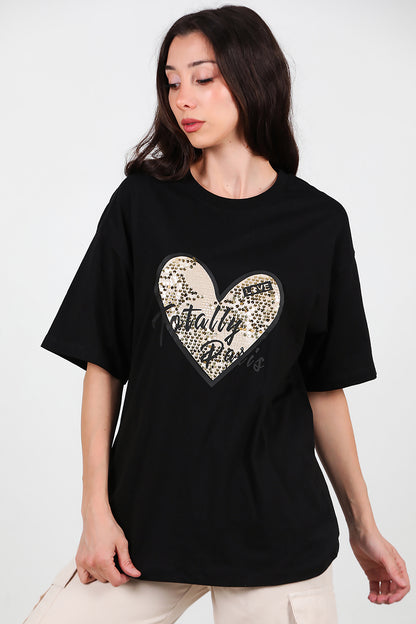 Kadın Pullu Baskılı Oversize T-Shirt Siyah