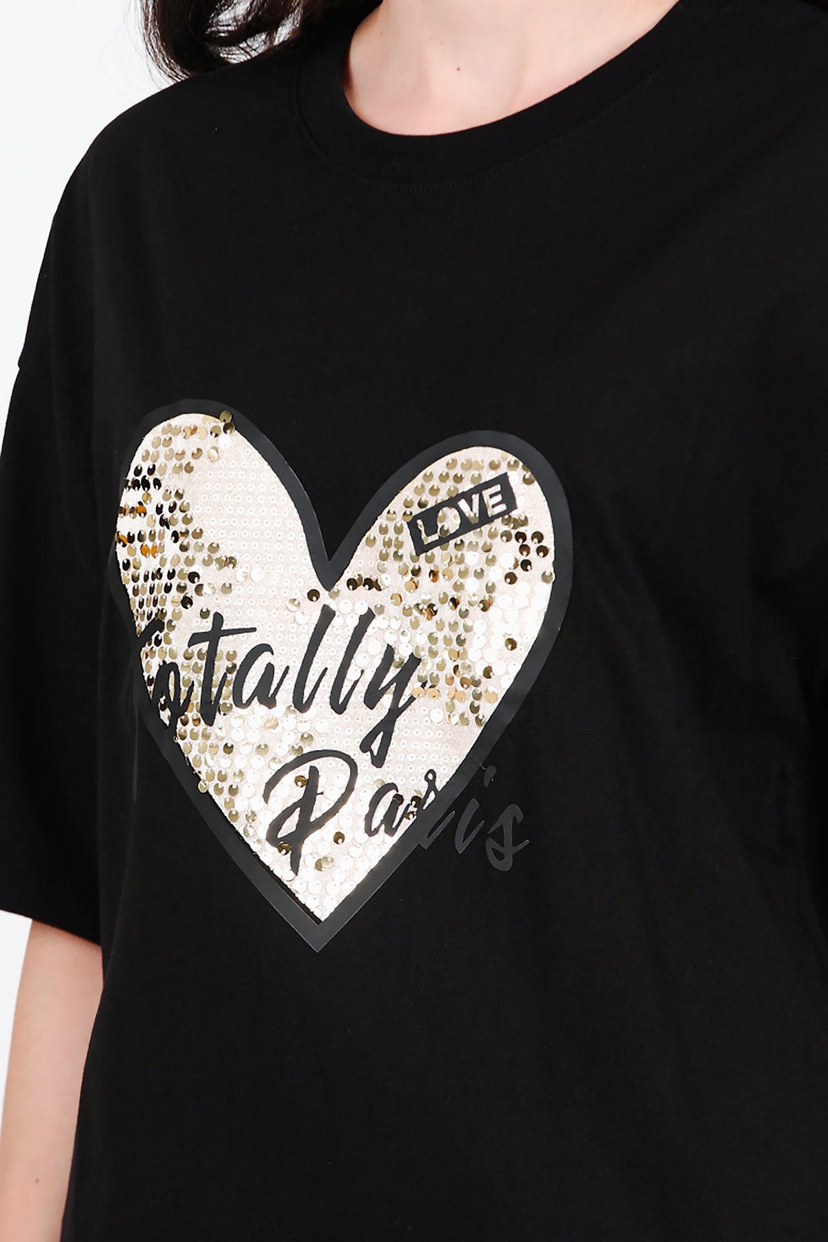 Kadın Pullu Baskılı Oversize T-Shirt Siyah