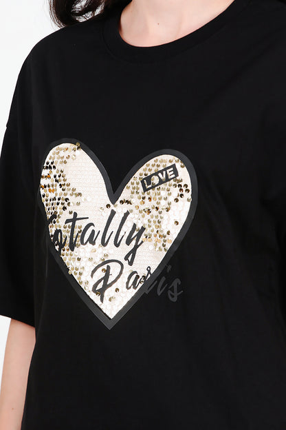 Kadın Pullu Baskılı Oversize T-Shirt Siyah