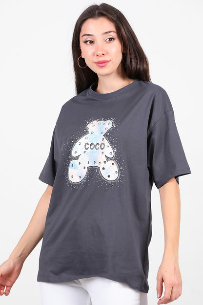 Kadın Taş Nakış İşlemeli T-Shirt Füme