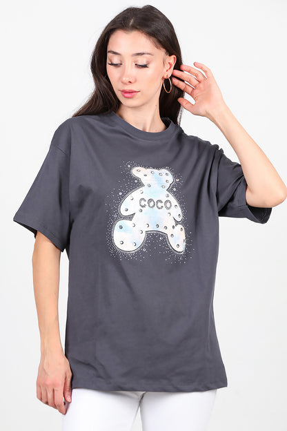 Kadın Taş Nakış İşlemeli T-Shirt Füme