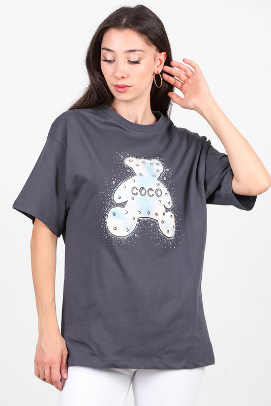 Kadın Taş Nakış İşlemeli T-Shirt Füme