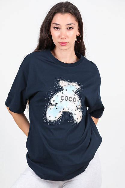 Kadın Taş Nakış İşlemeli T-Shirt Lacivert