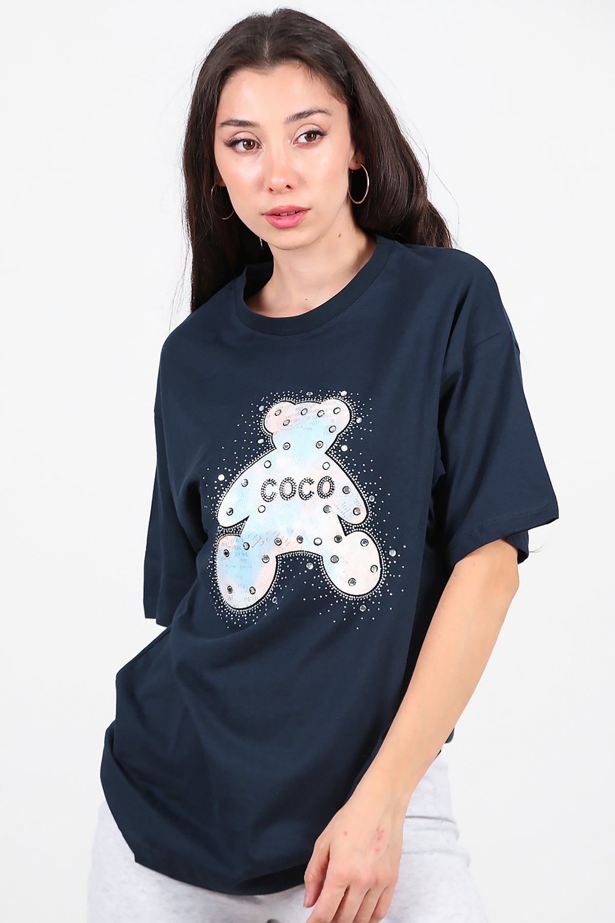 Kadın Taş Nakış İşlemeli T-Shirt Lacivert
