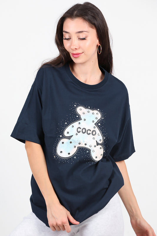Kadın Taş Nakış İşlemeli T-Shirt Lacivert