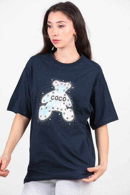 Kadın Taş Nakış İşlemeli T-Shirt Lacivert