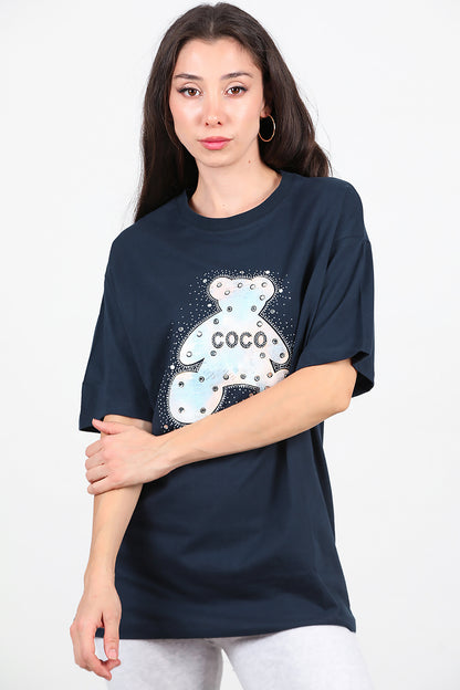 Kadın Taş Nakış İşlemeli T-Shirt Lacivert
