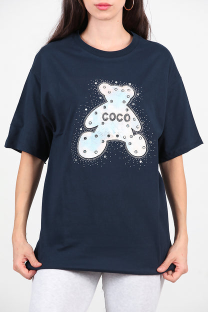 Kadın Taş Nakış İşlemeli T-Shirt Lacivert