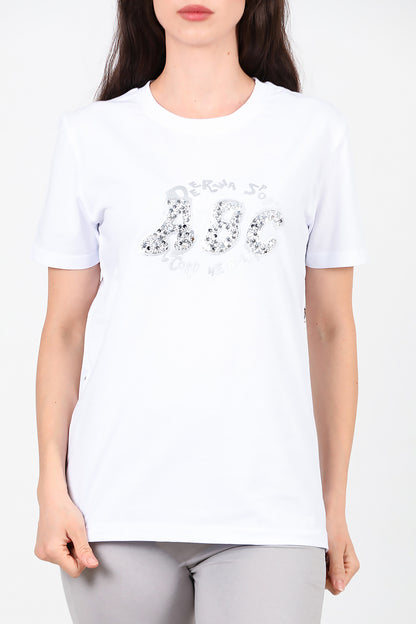 Kadın Bisiklet Yaka Pul İşlemeli T-Shirt Beyaz