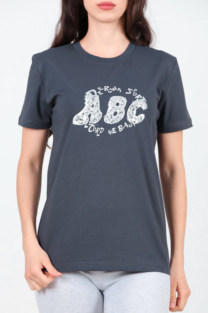 Kadın Bisiklet Yaka Pul İşlemeli T-Shirt Füme